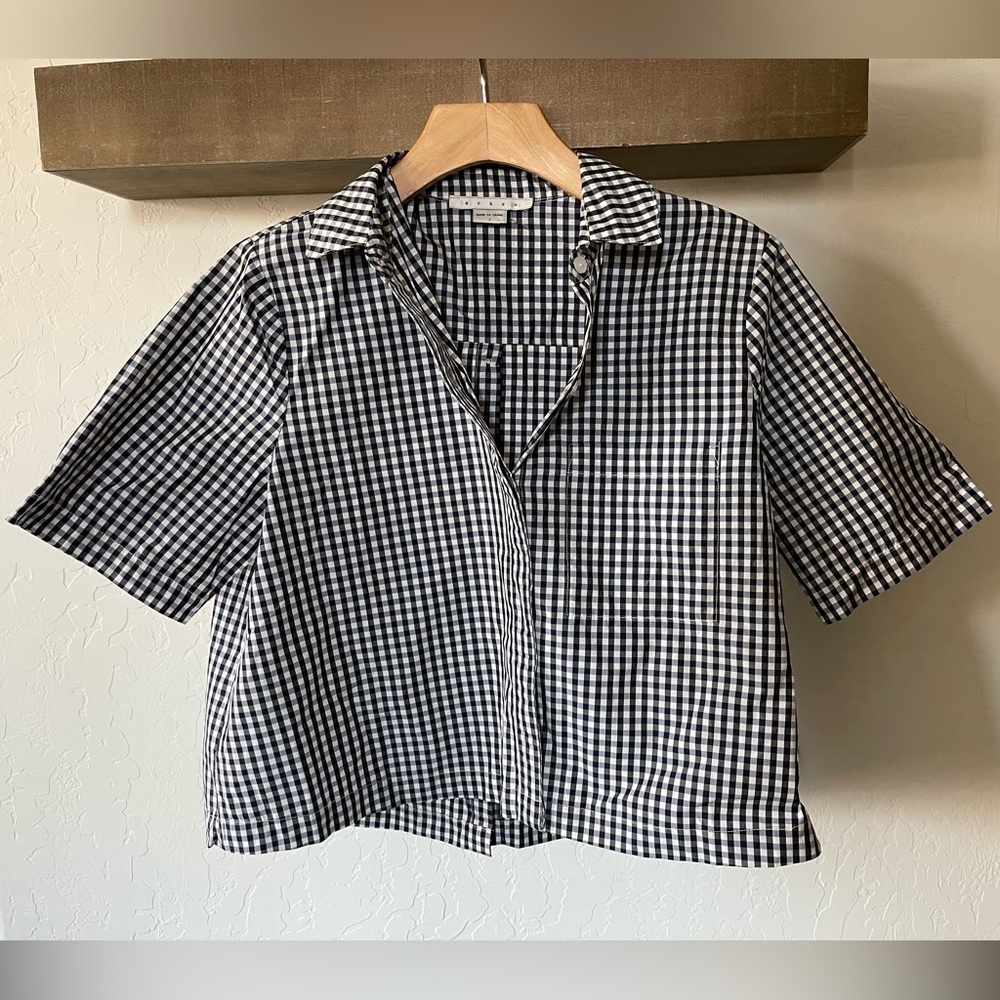 Achro Women’s Gingham Crop Top with Buttons along the back—Collard—Size Small•••